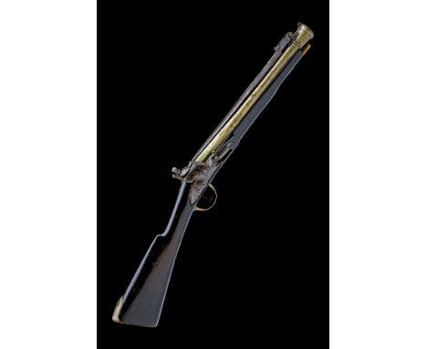 A 20-BORE FLINTLOCK BRASS-BARRELLED BLUNDERBUSS SIGNED DUBLIN CASTLE, WITH SPRUNG BAYONET, registration no. F2894, circa 1795