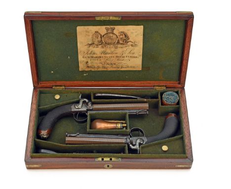 A CASED PAIR OF 28-BORE RIFLED PERCUSSION BELT PISTOLS SIGNED MANTON, LONDON, no visible serial numbers, circa 1840, with reb