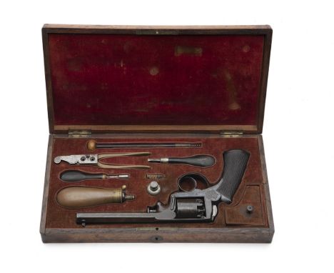 A CASED 54-BORE PERCUSSION FRANCOTTE 1851 ADAMS PATENT REVOLVER, serial no. 10163 circa 1854 and being a licenced copy of the