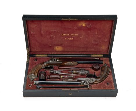 A GOOD CASED PAIR OF LE-PAGE RETAILED 14mm PERCUSSION CONTINENTAL TARGET- PISTOLS, UNSIGNED, no visible serial numbers, circa