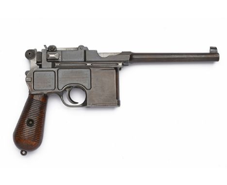A 7.63mm (MAUSER) MODEL C96 'BROOMHANDLE' CONE-HAMMER PISTOL SIGNED MAUSER, serial no. 13670, with reproduction holster stock