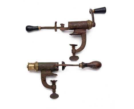 TWO RARE ROLL-TURNOVER RELOADING TOOLS IN 4-BORE AND 8-BORE, mid-late 19th Century, cast iron, the 4-bore with lever marked '