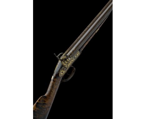 JOHN MANTON &amp; SON, LONDON A CASED 16-BORE PERCUSSION DOUBLE-BARRELLED SPORTING GUN WITH GILDED DECORATION, serial no. 108