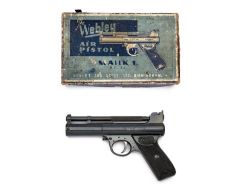 A BOXED .22 POST-WAR WEBLEY MKI SLANT-GRIP AIR-PISTOL, batch no. 030, circa 1950's-60's, with blued 6 5/8in. barrel, adjustab