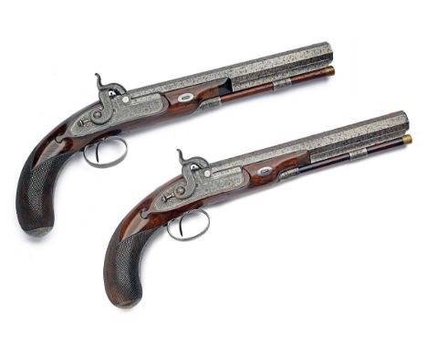 JOHN MANTON, LONDON A CASED PAIR OF 46-BORE PERCUSSION SCRATCH-RIFLED TARGET PISTOLS OF DUELLING STYLE, serial numbered 10913