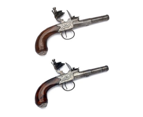 A PAIR OF 50-BORE FLINTLOCK CANNON-BARRELLED BOXLOCK PISTOLS SIGNED MANTON, LONDON, WITH SILVER BUTT-CAPS, no visible serial 