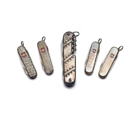 FIVE STERLING SILVER-MOUNTED VICTORINOX & WENGER MULTI-BLADE POCKET-KNIVES, a 'VICTORINOX CLASSIC SD' in sterling silver swir