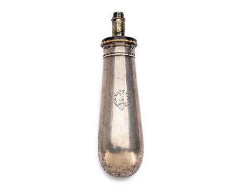 AN EXCEPTIONALLY RARE STERLING SILVER BODIED POWDER-FLASK BY SYKES, London hallmarked for 1839, with slender reverse taper 6i