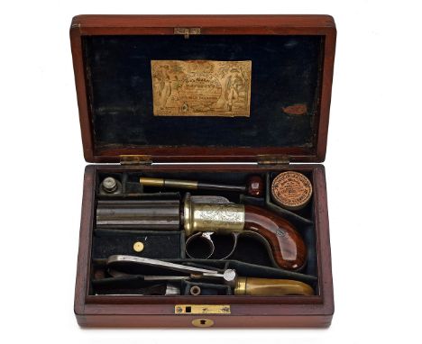 A CASED 54-BORE PERCUSSION PARKER, FIELD &amp; SONS PEPPERBOX REVOLVER, serial no. 9285, circa 1850, with fully fluted six-sh