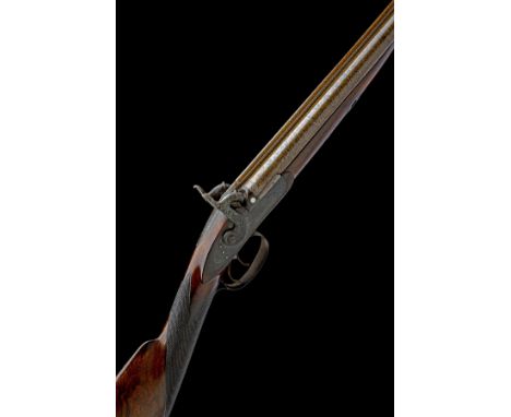A CASED 18-BORE PERCUSSION DOUBLE-BARRELLED SPORTING GUN SIGNED J.W. EDGE, no visible serial number, circa 1845, with laminat