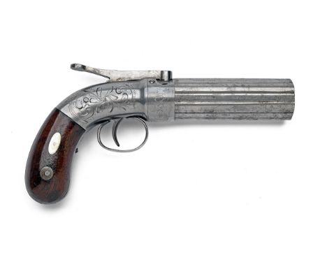 A SCARCE .28 PERCUSSION SINGLE-ACTION PEPPERBOX REVOLVER SIGNED STOCKING &amp; CO., serial no B67, circa 1850, with ribbed 4i