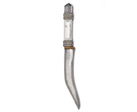 AN UNUSUAL NEPALESE WHITE-METAL MOUNTED KNIFE, mid to late 19th century, with narrow 6 1/4in. plain single-edged blade with p