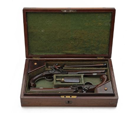 A FINE CASED PAIR OF 20-BORE FLINTLOCK DUELLING PISTOLS SIGNED WALLACE, DUBLIN, no visible serial numbers, circa 1785, with w