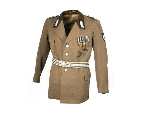A WORLD WAR TWO GERMAN R.A.D. HAUPTAMTSWALTER TUNIC, 'SHERWOOD FOREST' CAP, BELT AND RECORD OF SERVICE BOOK, reputedly belong