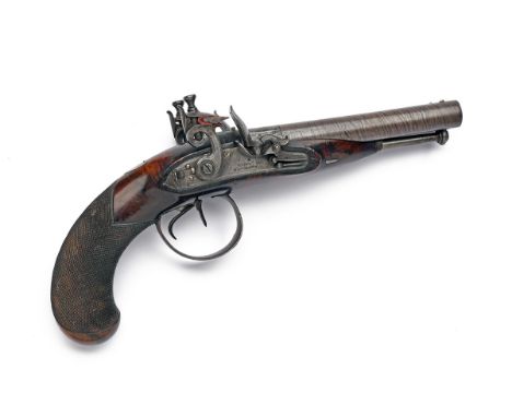 A GOOD .600 FLINTLOCK DOUBLE-BARRELLED RIFLED SIDE-BY-SIDE PISTOL SIGNED THEO'S RICHARDS, no visible serial number, circa 180
