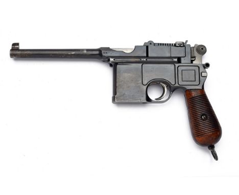 A 7.63mm (MAUSER) MODEL C96 'BROOMHANDLE' CONE-HAMMER PISTOL SIGNED MAUSER, serial no. 11260, with harness and holster stock,