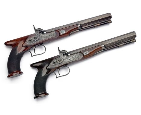 SAMUEL NOCK, LONDON A CASED PAIR OF 40-BORE PERCUSSION SAW-HANDLED DUELLING or TARGET PISTOLS, serial numbered 7328, circa 18