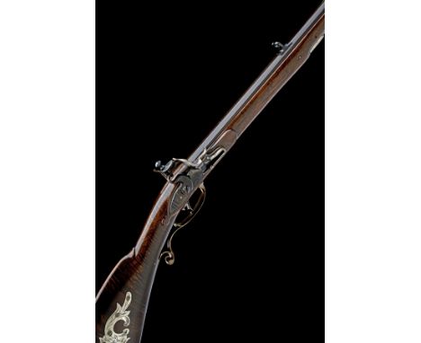A GOOD REPRODUCTION .400 FLINTLOCK NEW ENGLAND STYLE PLAINS RIFLE SIGNED JACOB LETHER, PENN., no visible serial number, recen