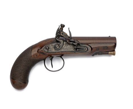 AN 18-BORE FLINTLOCK OVERCOAT PISTOL SIGNED HEATHCOTE, no visible serial number, circa 1810, with rebrowned ovoid 4in. barrel
