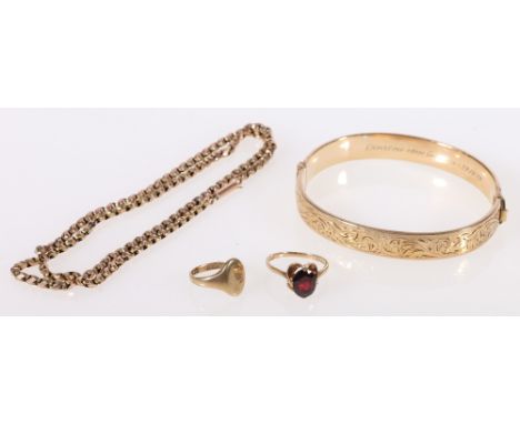 Two 9ct gold rings, a 9ct belcher link necklace and a 9ct rolled gold bangle (4)