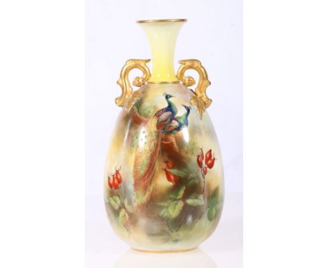 Royal Worcester Hadley Ware vase, with peacocks and berries, 153/50B.70, unsigned, 18cm.