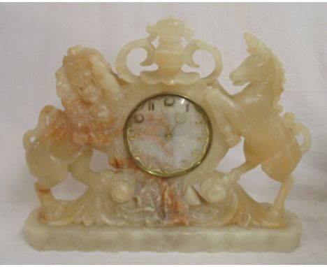 Large mid 20th century Alabaster mantle clock carved with the Scottish Coat of Arms