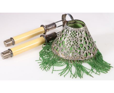 Pair of American Gorham pierced white metal lamp shades and stands, 26cm