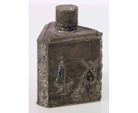 Dutch silver tea caddy of triangular form CONDITION REPORT: Tarnished.  Hallmarks clear.  No dents or splits.