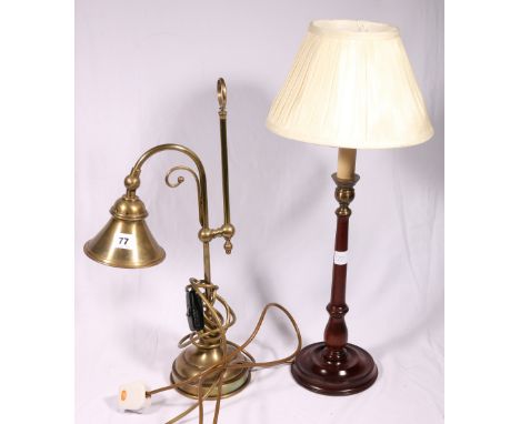 Brass desk lamp and a mahogany column table lamp (2) CONDITION REPORT: They are both in good condition and very clean.  Proba