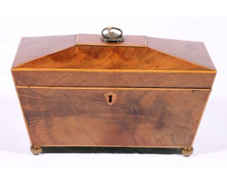 Mahogany sarcophagus shaped tea caddy. 28cm CONDITION REPORT: Restored condition.  Lion mask to lid holed.  Later interior fi