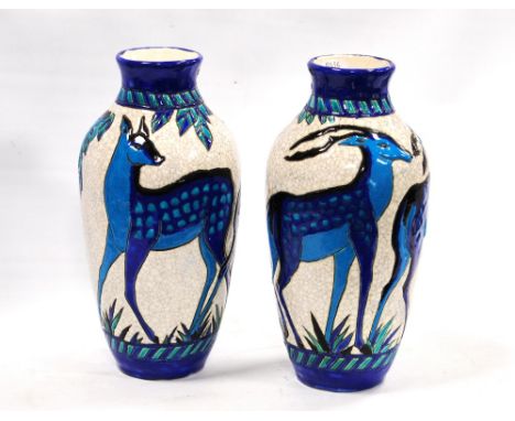 Pair of Art Deco Boch Freres "Biches Bleues" vases signed by Charles Catteau with deer on crackle glaze CONDITION REPORT: 27.