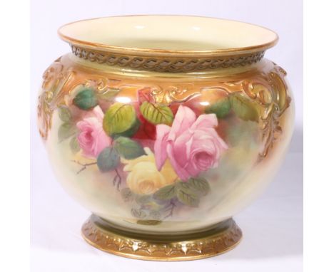 Royal Worcester Hadley jardiniere, the ivory ground decorated with roses, 17cm