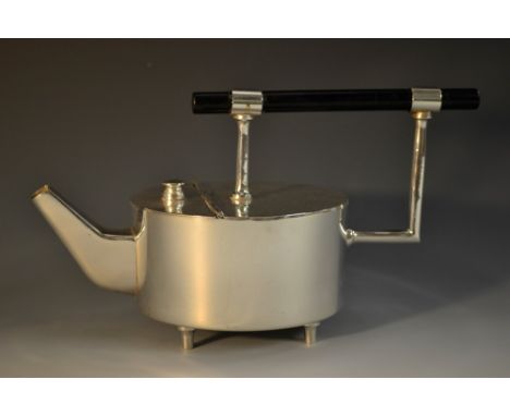 A silver plated teapot, after a design by Dr Christopher Dresser, of compressed cylindrical form, angular spout, conforming e