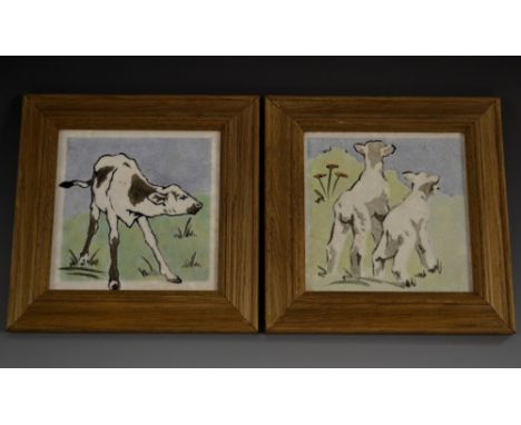 A pair of 1930's Minton tiles, decorated by Polly Brace, with  Lambs and Calf, 14cm square, framed (2)   Condition Report:  c