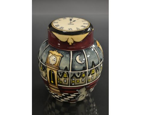 A contemporary Moorcroft Nursery Rhyme series ginger jar, Hickory Dickery Dock, tube lined with longcase clocks, mouse, cat a