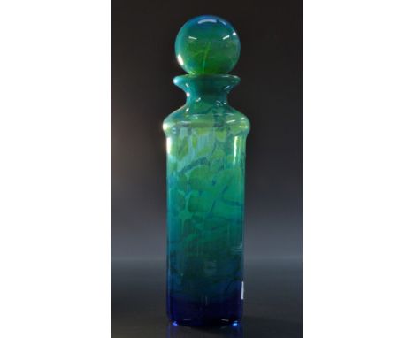 An Art glass cylindrical scent flask, in mottled blue, bold globular stopper, 30cm high, c.1930   Condition Report:  good con