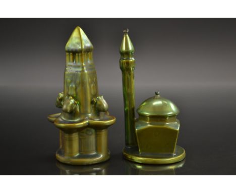 A Zsolnay Pecs mosque, with Eosin Minaret, in green lustre, 14cm high, printed mark;  a similar fountain, 14.5cm high, printe