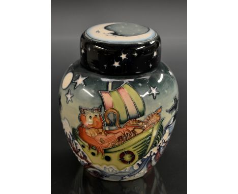 A contemporary Moorcroft Nursery Rhyme series ginger jar, Owl and Pussycat, tube lined with owl and pussy cat in a beautiful 