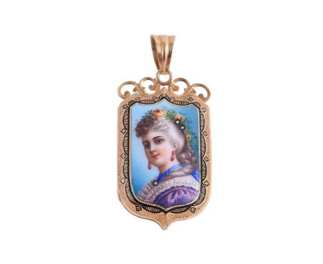 A LATE 19TH CENTURY ENAMELLED GOLD LOCKET CIRCA 1890the shield shaped gold locket with an enamelled portrait of a lady with f