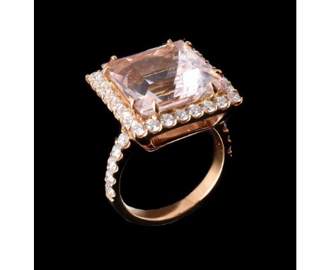 A DIAMOND AND MORGANITE CLUSTER RINGthe squared mixed cut morganite within a surround of brilliant cut diamonds, and diamond 