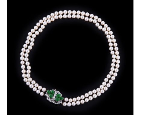 A JADEITE, DIAMOND AND CULTURED PEARL NECKLACE the clasp with six oval cabochon jadeites within a scrolling diamond set surro
