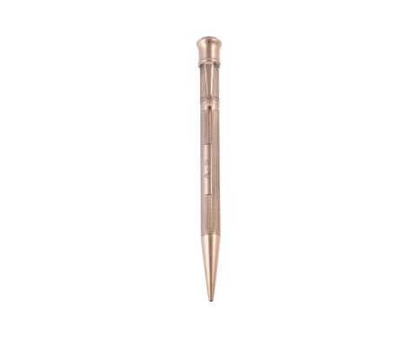 A 9 CARAT GOLD PROPELLING PENCIL BY SAMPSON MORDAN & CO. LONDON 1936, Engine turned, engraved A. S. to a reserve, 11.5cm (4 1