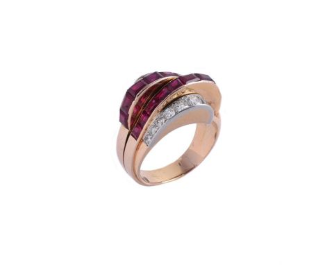 A 1940S RETRO RUBY AND DIAMOND RINGthe crossover channel set graduated step cut rubies between two tapered panels set with gr