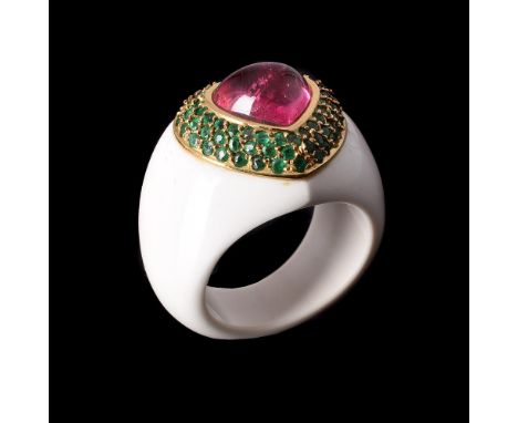 GRATIA SCOTT-OLDFIELD, A PINK TOURMALINE, EMERALD AND CACHOLONG OPAL DRESS RINGthe polished, carved and tapered cacholong opa