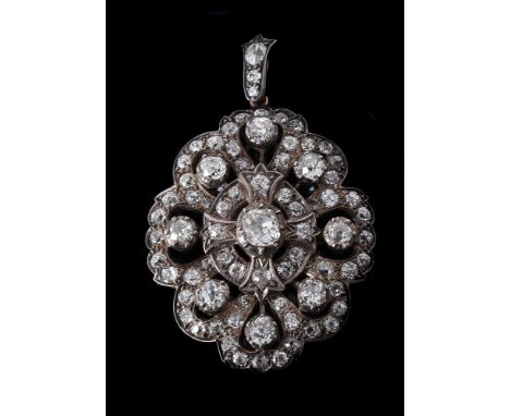 A LATE VICTORIAN DIAMOND CARTOUCHE BROOCHCIRCA 1890the pierced oval panel set with old cut diamonds, approximately 8.25 carat