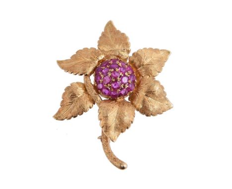 A 1960S 18 CARAT GOLD FLOWER HEAD AND SNAKE BROOCHthe flower head with a central bombé cluster of circular cut rubies, with a