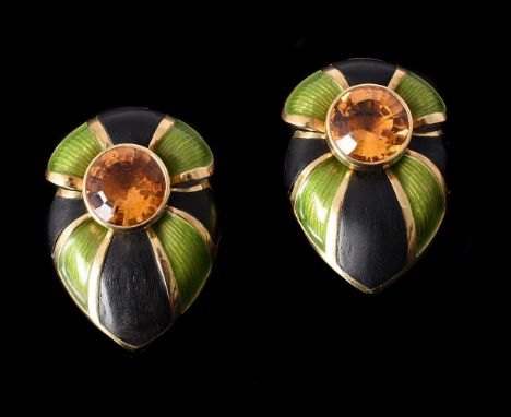 Y GRATIA SCOTT-OLDFIELD, A PAIR OF 18 CARAT GOLD CITRINE, EBONY AND ENAMEL EARRINGSthe circular cut citrines within a lobed g