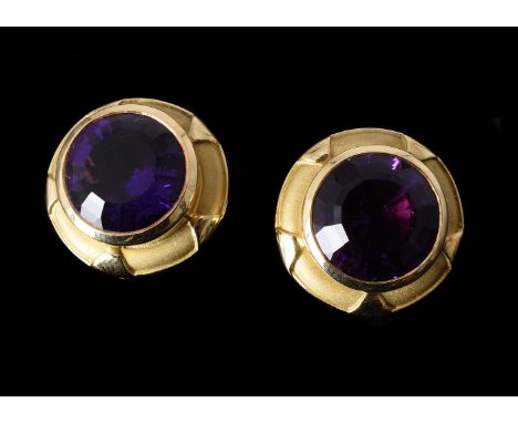 GRATIA SCOTT-OLDFIELD, A PAIR OF 18 CARAT GOLD AMETHYST EAR STUDSthe circular cut amethysts within a textured surround with p