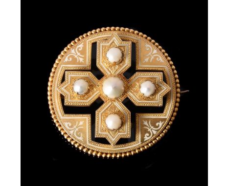 A VICTORIAN TAY PEARL AND ENAMEL BROOCH CIRCA 1880the pierced circular gold panel with scrolled white enamel decoration, with