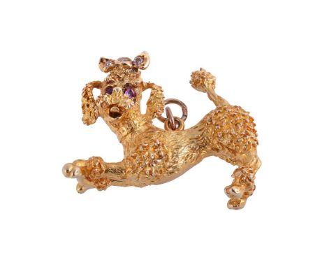 A 1960S 14 CARAT GOLD RUBY AND DIAMOND SET POODLE PENDANTthe poodle playing with a bone, with eight cut diamond set bow and c